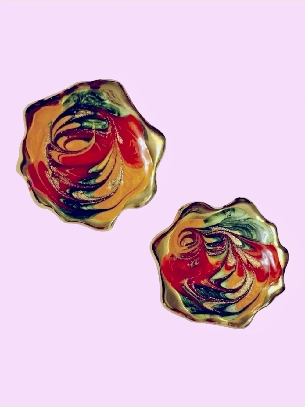VTG Multicolor Enamel Stud Earrings Gold Tone Abstract Swirl Statement Earrings